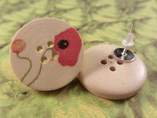 Mohn Blumen Holzknopf Ohrstecker Natur Button